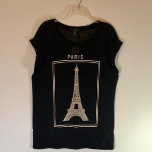 Forever 21 Graphic T Shirt Black Sleeveless Cuff Sleeve Paris Eiffel Tower SZ M